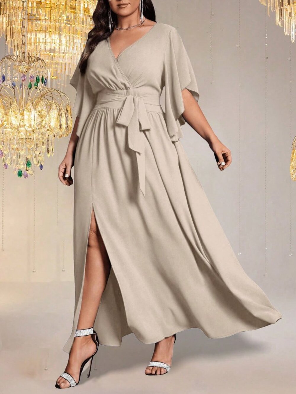 Apricot Elegant Women's Plus Size V Neck Flared Sleeve Party Dress - Picture 5 of 5